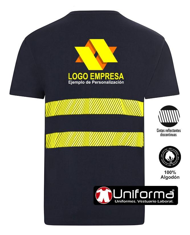 Camiseta de trabajo de algodón 100% de cuello redondo y manga corta personalizada con banda segmentada discontinua en color amarillo fluor de alta visibilidad con logo de empresa en Uniforma