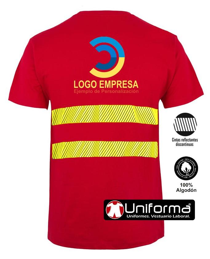 Camiseta de trabajo de algodón 100% de cuello redondo y manga corta personalizada con banda segmentada discontinua en color amarillo fluor de alta visibilidad con logo de empresa en Uniforma