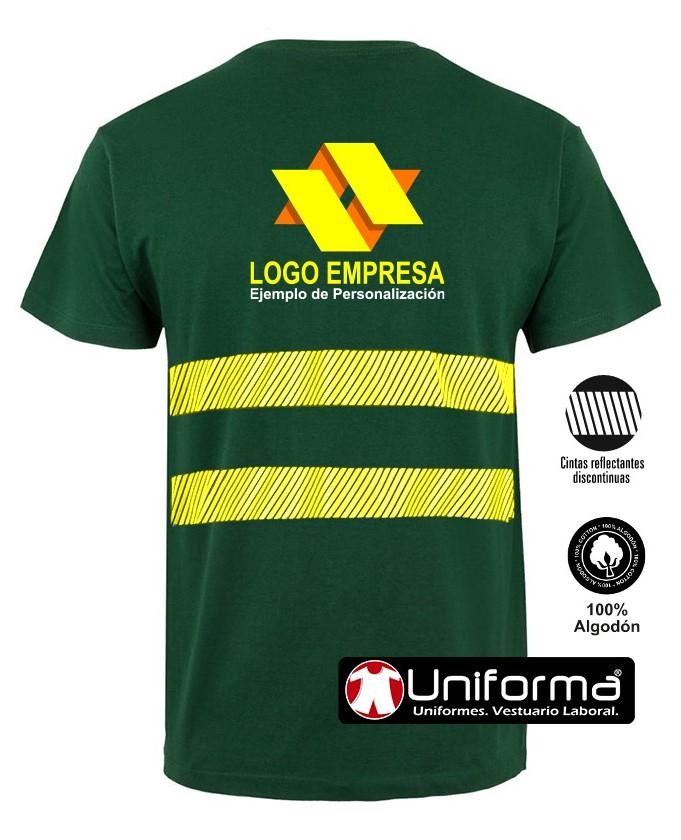 Camiseta de trabajo de algodón 100% de cuello redondo y manga corta personalizada con banda segmentada discontinua en color amarillo fluor de alta visibilidad con logo de empresa en Uniforma