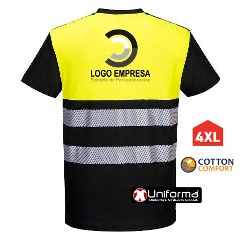 Camiseta de trabajo de alta visibilidad amarilla flúor combinada con negro, con bandas reflectantes, personalizada con logo de empresa en uniforma