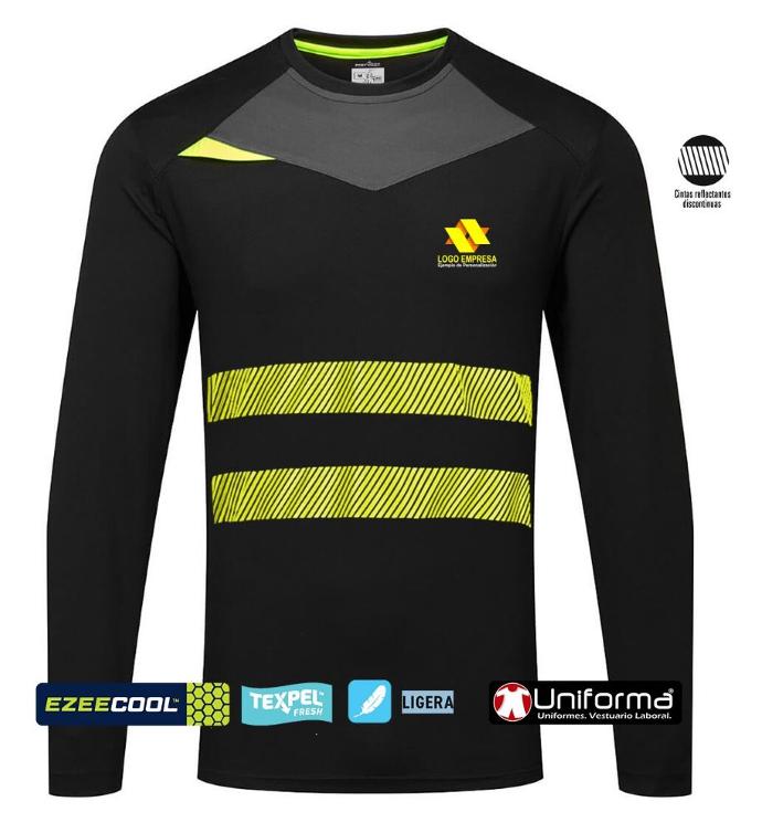 Camiseta de trabajo técnica de manga larga transpirable personalizada con logo de empresa y bandas reflectantes uniforma