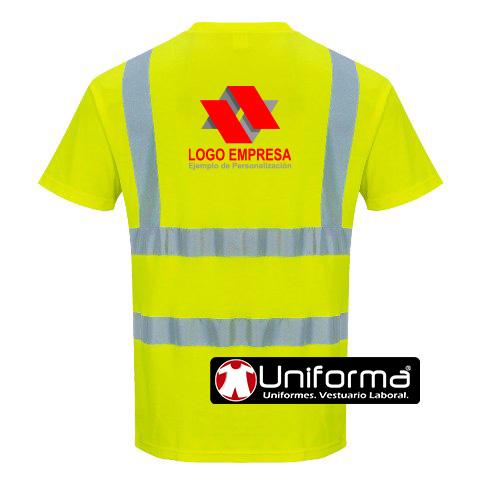 Camiseta de alta visibilidad de manga corta amarilla reflectante en tallas grabndes y muy grandes hasta la talla 6XL personalizable con logo de empresa en uniforma 
