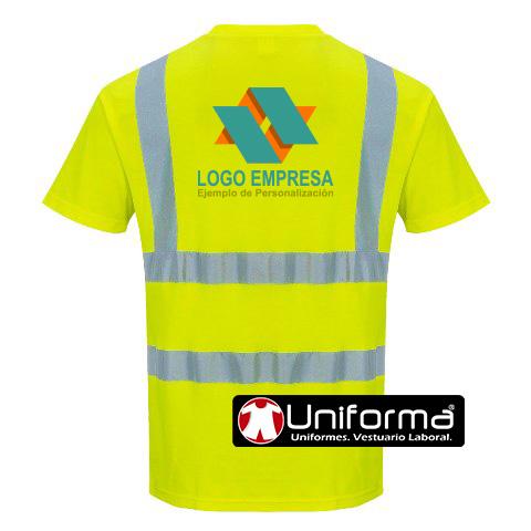 Camiseta de alta visibilidad de manga corta amarilla reflectante en tallas grabndes y muy grandes hasta la talla 6XL personalizable con logo de empresa en uniforma 