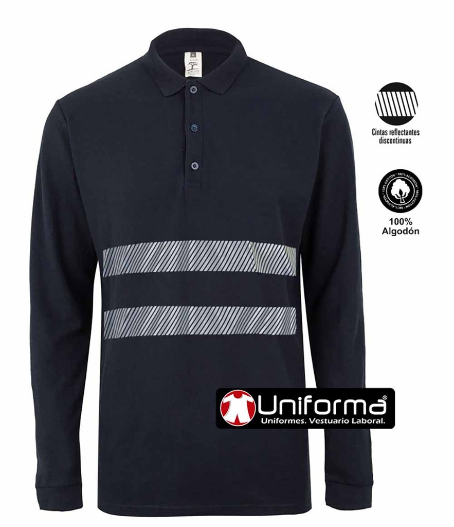 Polo de trabajo de Algodón de Manga Larga con Bandas Reflectantes segmentadas, personalizable con logo de empresa en Uniforma  - UN320