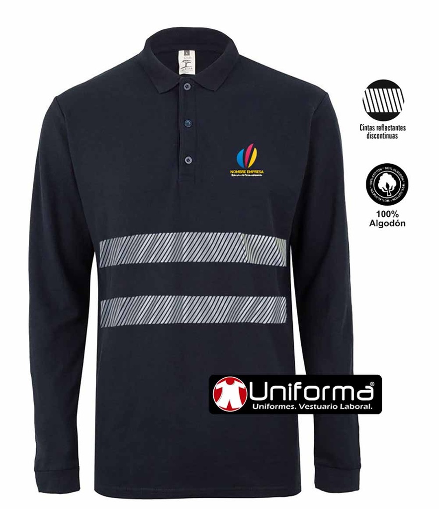 Polo de trabajo de Algodón de Manga Larga con Bandas Reflectantes segmentadas, personalizable con logo de empresa en Uniforma  - UN320
