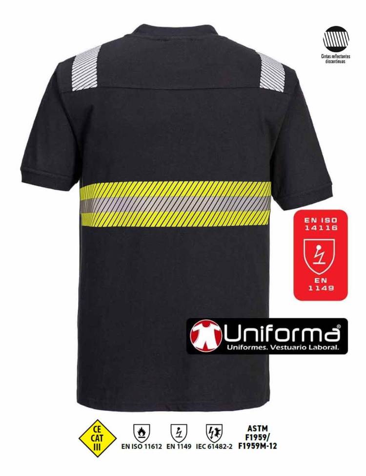 Camiseta de trabajo ignífuga de manga corta con banda reflectante y de alta visibilidad resistente a la llama de tipo segmentada discontinua, personalizable con logo de empresa en Uniforma