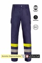 Pantalón de trabajo Azul marino multi bolsillos con bandas reflectantes y bandas de alta visibilidad amarillas, del tipo discontinuas segmentadas en las perneras, y personalizable con logo de empresa en Uniforma - UN34520