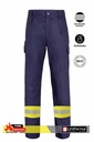 Pantalón Azul de trabajo multibolsillos con banda reflectante y de alta visibilidad segmentada bicolor, resistente a la llama, en la piernas o perneras del pantalón, personalizable con logo de empresa en Uniforma - UN34550