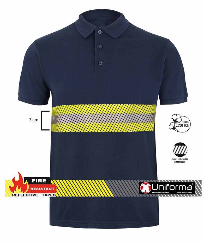 Polo Azul Marino de Algodón con Banda Reflectante Bicolor  y de alta visibilidad amarilla flúor, del tipo discontinua segmentada, resistente a la llama, personalizable con logo de empresa en Uniforma - UN230