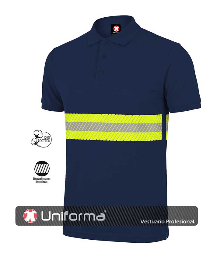 Polo Azul Marino de Algodón con Banda Reflectante Bicolor  y de alta visibilidad amarilla flúor, del tipo discontinua segmentada, resistente a la llama, personalizable con logo de empresa en Uniforma - UN230