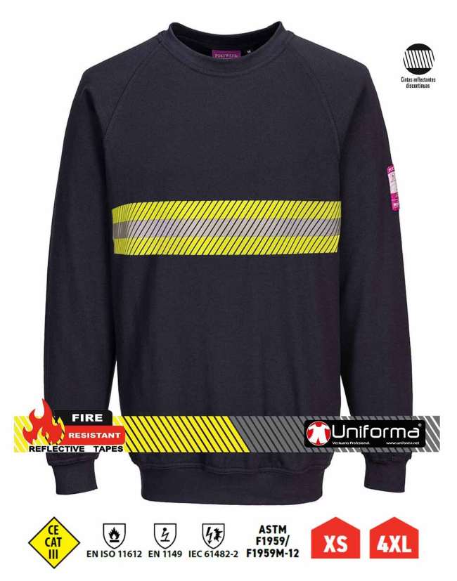 Sudadera de trabajo azul marino ignífuga, resistente a la llama,  antiestática contra Arco Eléctrico con banda reflectante y de alta visibilidad discontinua segmentada, personalizable con logo de empresa en Uniforma -PFR1250