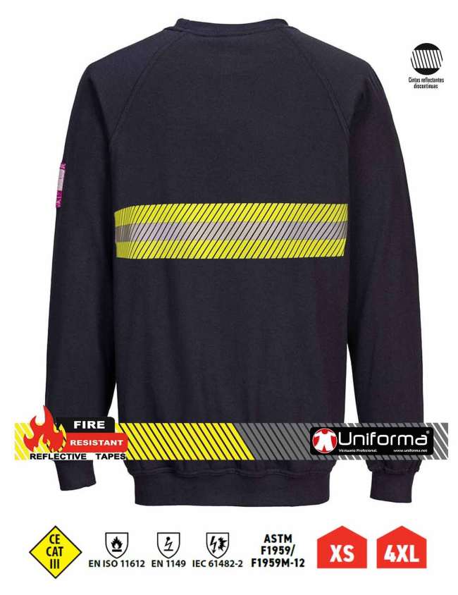 Sudadera de trabajo azul marino ignífuga, resistente a la llama,  antiestática contra Arco Eléctrico con banda reflectante y de alta visibilidad discontinua segmentada, personalizable con logo de empresa en Uniforma -PFR1250
