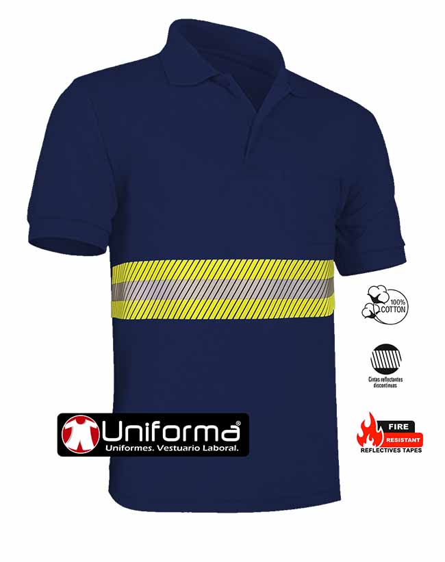 Polo de algodón de marga corta azul marino con bolsillo en el pecho, y banda reflectante y de alta visibilidad bicolor segmentada discontinua en torso, personalizable con logo de empresa en Uniforma - UN235