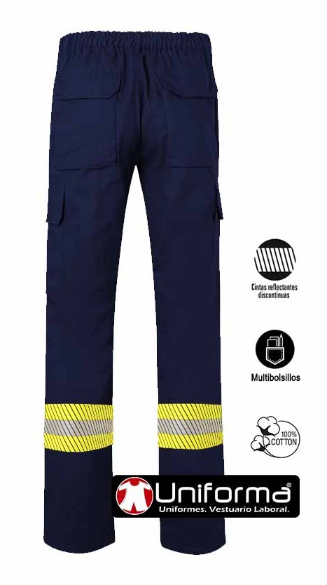 Pantalón de trabajo de color gris de 100% Algodón Ligero de 190 grms con Reflectantes bicolor en las perneras, de tipo segmentadas discontinuas bicolor, para noche y día, personalizable con logo de empresa en Uniforma - UN10300350