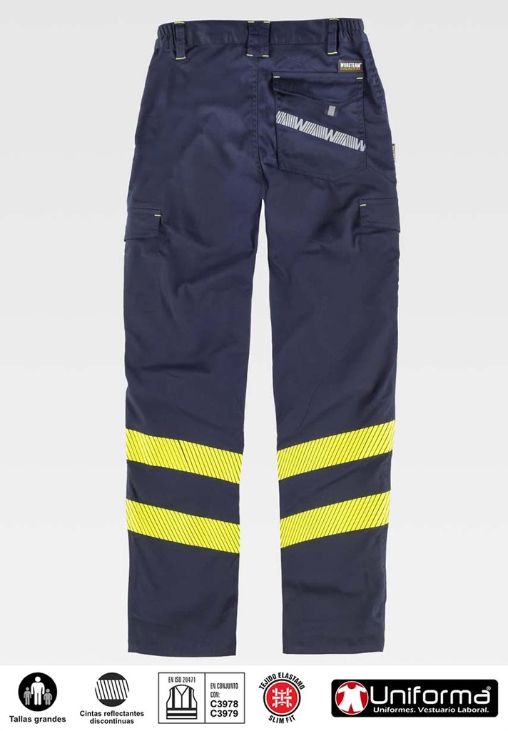Pantalón de trabajo Elástico Slim Fit con Cintas amarillas de Alta visibilidad segmentadas en las perneras y personalizable con logo de empresa en uniforma.  - TC3223