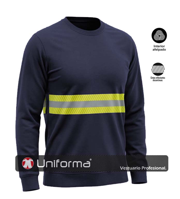 Sudadera de trabajo de color Azul Marino con Banda Reflectante segmentada discontinua Bicolor de ancho extra, sudadera de cuello redondo para voluntarios de emergencias, protección civil, personalizable con logo de empresa en Uniforma.  - UN3280