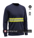 Sudadera de trabajo de color Azul Marino con Banda Reflectante segmentada discontinua Bicolor de ancho extra, sudadera de cuello redondo para voluntarios de emergencias, protección civil, personalizable con logo de empresa en Uniforma.  - UN3280