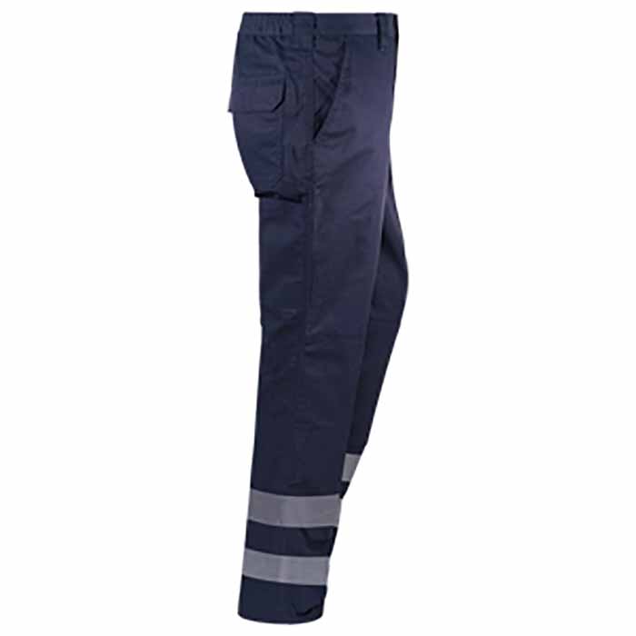 Pantalón de trabajo de color Azul Marino Reforzado con culera y rodilleras, costuras reforzadas, con Bandas reflectantes del tipo continuo cosidas en las perneras, personalizable con logo de empresa en Uniforma - WR3108R