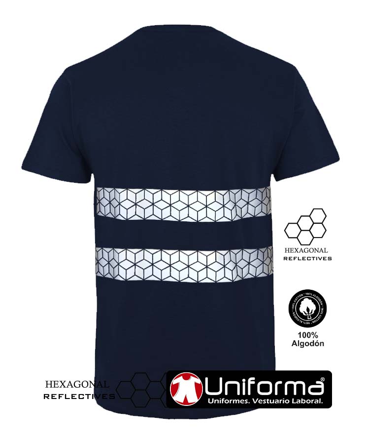 Camiseta Azul Marino de 100% Algodón con bandas reflectantes segmentadas con corte poligonal, personalizable con logo de empresa en Uniforma  - UN10403