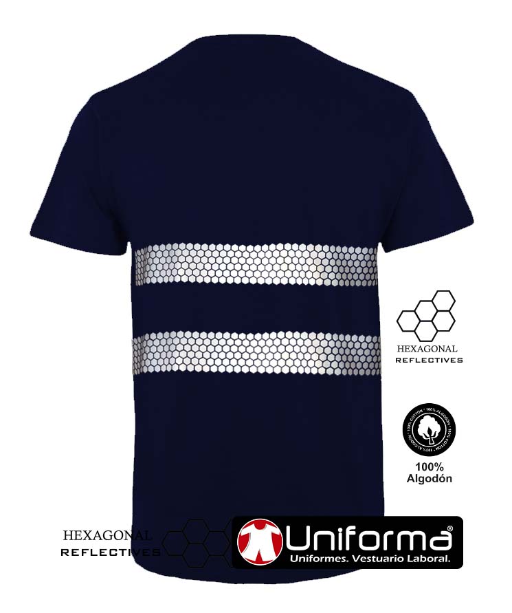 Camiseta de trabajo de algodón de color azul marino de manga corta con banda reflectante segmentada con corte de Nido de Abeja, personalizable con logo de empresa en Uniforma  - UN10410