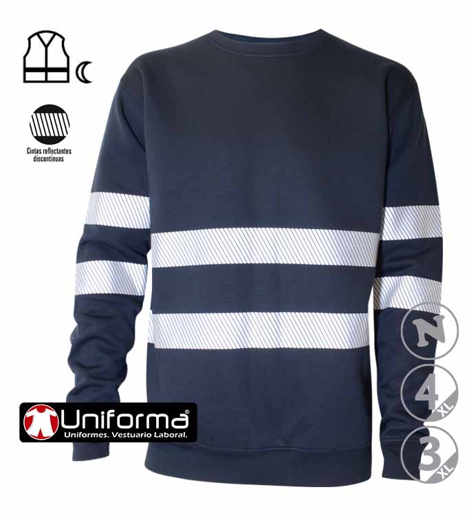 Sudadera de trabajo azul marino con cuello redondo con bandas reflectantes segmentadas en torso y mangas, EN 17353, personalizables en Uniforma  - AN18014