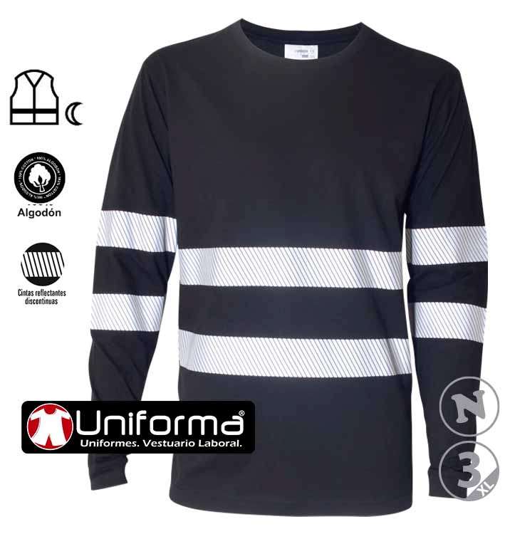 Camiseta Azul de trabajo de algodón 100% Manga Larga con bandas reflectantes segmentadas en torso y mangas, homologada para EN17353, personalizable con logo de empresa en Uniforma - AN18004