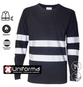 Camiseta Azul de trabajo de algodón 100% Manga Larga con bandas reflectantes segmentadas en torso y mangas, homologada para EN17353, personalizable con logo de empresa en Uniforma - AN18004