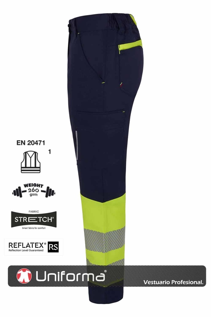 Pantalón de trabajo de alta visibilidad de mujer, bicolor, homologado EN ISO 20471 en clase 1, de tejido elástico y resistente de buena calidad, personalizable con logo de empresa en Uniforma  V303032SW