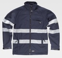 Chaqueta tipo Softshell con bandas Reflectantes en torso y mangas de color azul marino, corta vientos en impermeable, personalizable con logo de empresa en uniforma- TS9035