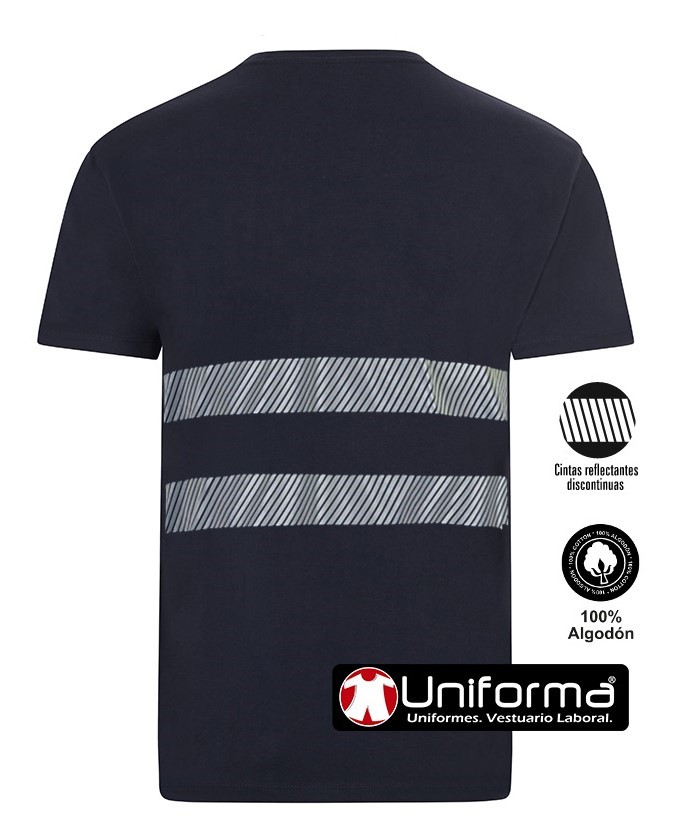 Camiseta de color azul marino de trabajo en Algodón 100% con cintas y Bandas reflectantes de Alta Visibilidad segmentadas, de manga corta, cuello redondo,  transpirables, que permiten la flexibilidad de la camiseta, personalizable con logo de empresa en uniforma.  UN003