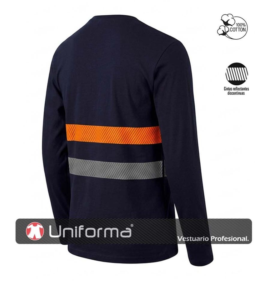 Camiseta Azul Marino de manga larga de 100% Algodón con banda reflectante gris, y banda naranja flúor, segmentadas, personalizable con logo de empresa en Uniforma - UN1004