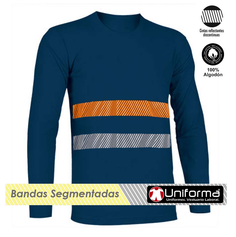 Camiseta Azul Marino de manga larga de 100% Algodón con banda reflectante gris, y banda naranja flúor, segmentadas, personalizable con logo de empresa en Uniforma - UN1004