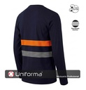 Camiseta Azul Marino de manga larga de 100% Algodón con banda reflectante gris, y banda naranja flúor, segmentadas, personalizable con logo de empresa en Uniforma - UN1004