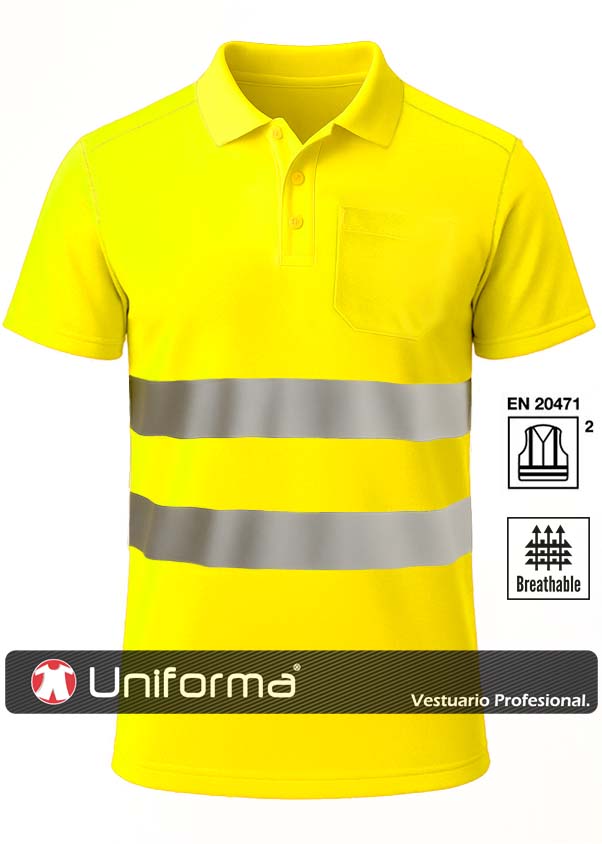 Polo de trabajo reflectante de alta visibilidad EN ISO 20471 Clase 2 de color amarillo flúor - PR5560