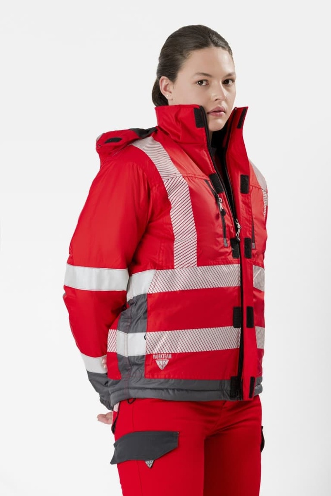 Parka de trabajo de alta visibilidad roja Acolchada Roja con bandas Reflectante segmentadas de diseño bicolor rojo y gris, personalizable con logo de empresa en uniforma -TS9262