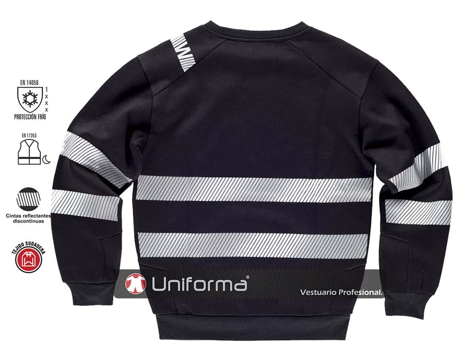 Sudadera de trabajo de Cuello Redondo y color negro con Cintas Reflectantes segmentadas discontinuas, personalizable con logo de empresa en Uniforma - TC9043
