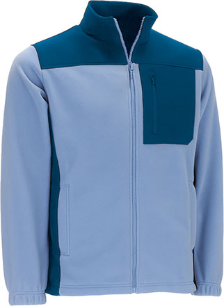 Chaqueta Polar de color celeste, con cierre central de cremallera, de diseño bicolor, con refuerzos en tejido softshell, puños elásticos, personalizable con logo de empresa en Uniforma - VL1610