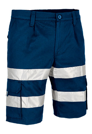 Bermuda de trabajo Multibolsillos de color azul marino con bandas reflectantes de alta visibilidad homologada para visibilidad realzada EN17353 Tipo B2, personalizable con logo de empresa en Uniforma - VL2523