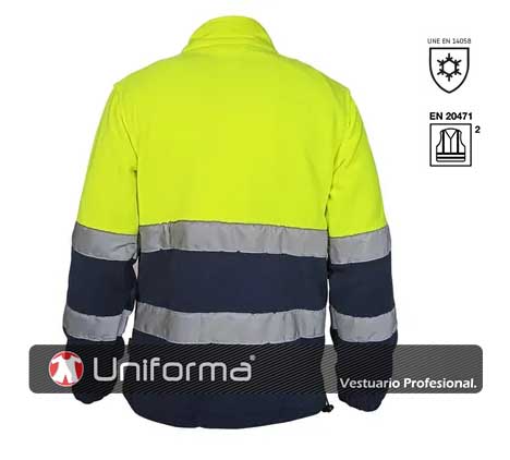 Chaqueta de trabajo Polar de colores Combinado, cremallera completa, Alta visibilidad clase 2, cintas reflectantes de alta visibilidad, 280 grms, unisex, con protector de barbilla, EN ISO 20471, contra el frío, EN14058, personalizable con logo de empresa en Uniforma  - BW4120