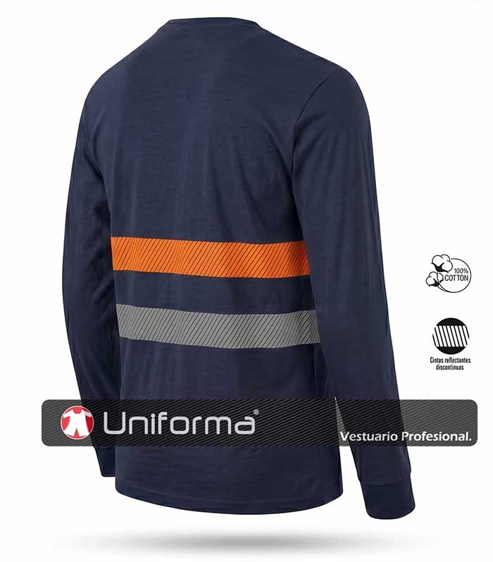 Camiseta de color Azul Marino de manga larga de cuello redondo y puños elásticos, con banda reflectante segmentada de color gris y banda segmentada naranja flúor, personalizable con logo de empresa en Uniforma.