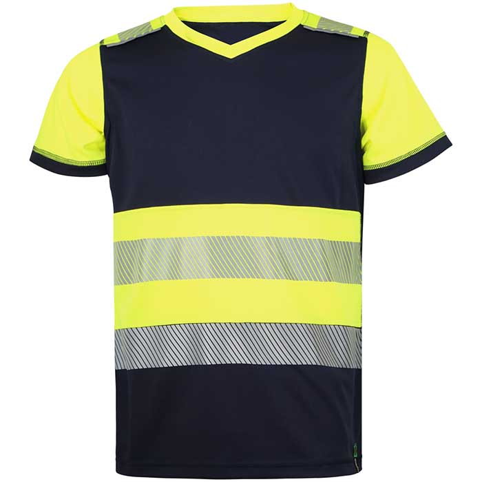 Camiseta bicolor Alta Visibilidad de manga corta de poliéster Reciclado, de diseño bicolor, con bandas reflectantes segmentadas, personalizable con logo de empresa en Uniforma   - WR2371