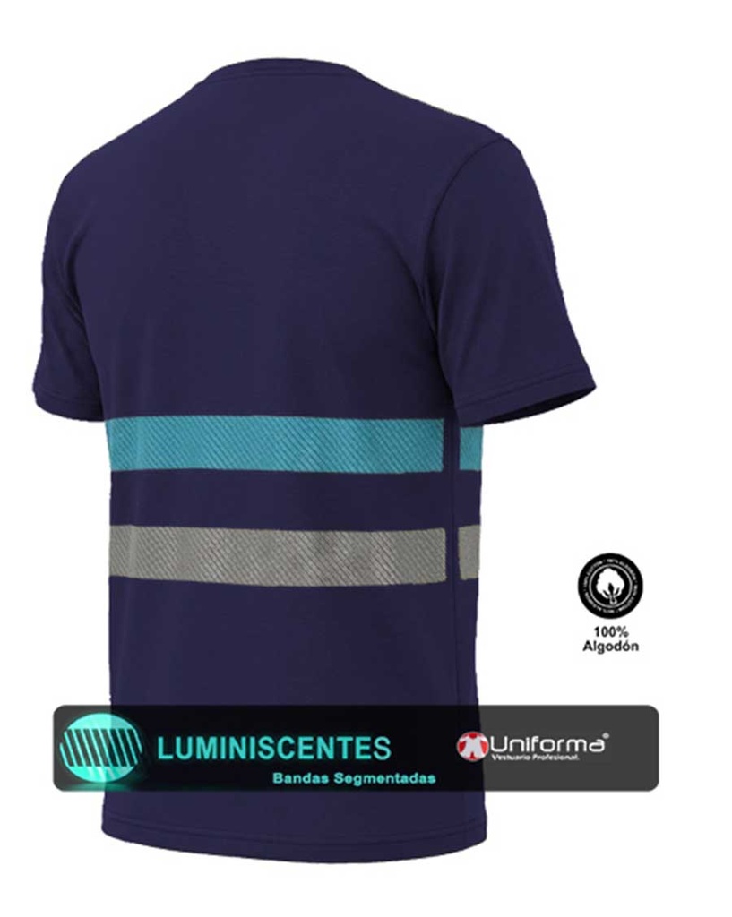 Camiseta Azul con banda segmentada luminiscente y banda segmentada reflectante, de 100% algodón, manga corta, en tres calidades, 160, 170 y 190 grms, personalizable con logo de empresa en Uniforma -UN1070 - UN1070