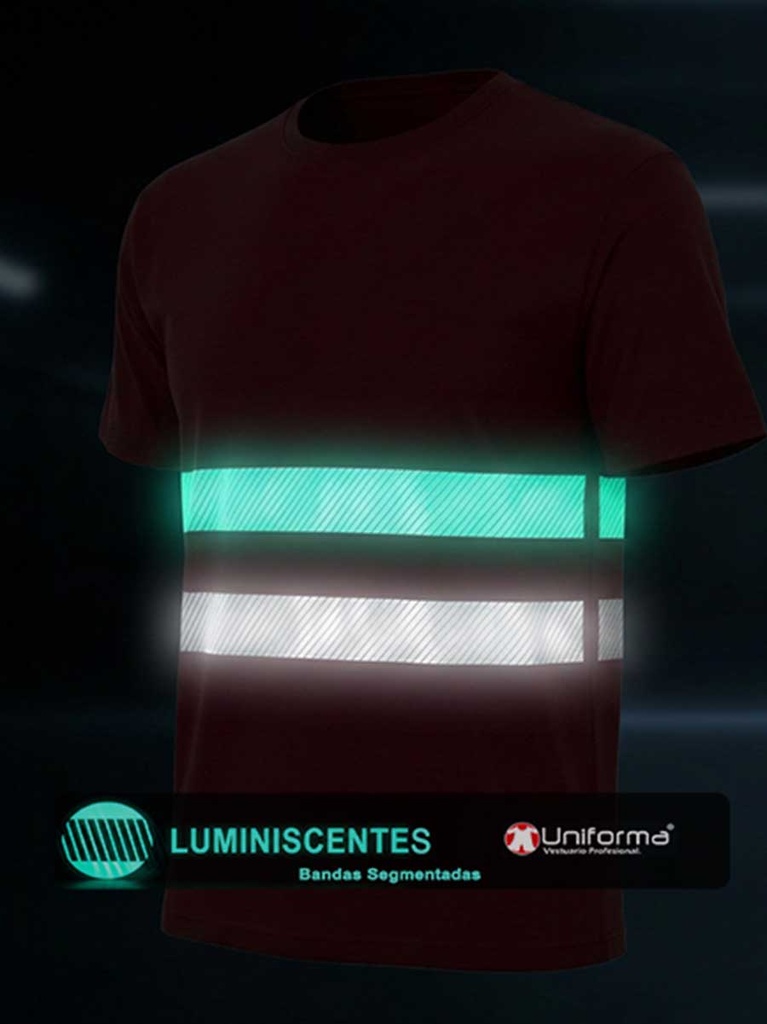 Camiseta con banda segmentada luminiscente y banda segmentada reflectante, de 100% algodón, manga corta, en tres calidades, 160, 170 y 190 grms, personalizable con logo de empresa en Uniforma -UN1070
