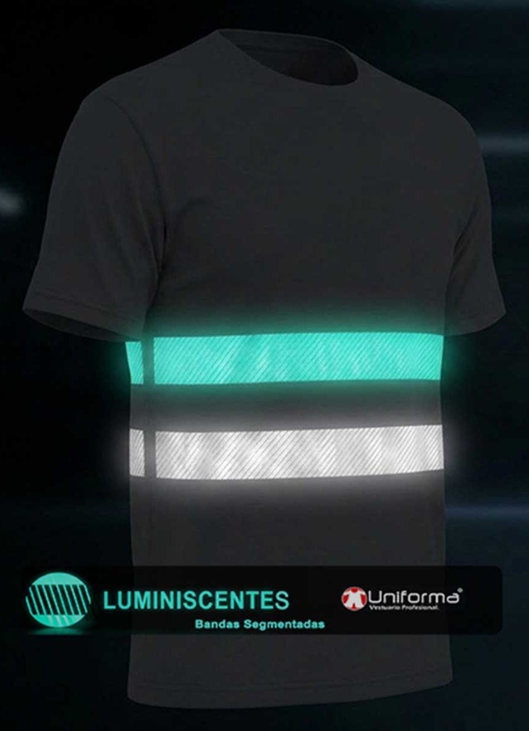 Camiseta luminiscente con banda segmentada reflectante, de 100% algodón, manga corta, en tres calidades, 160, 170 y 190 grms, personalizable con logo de empresa en Uniforma -UN1070