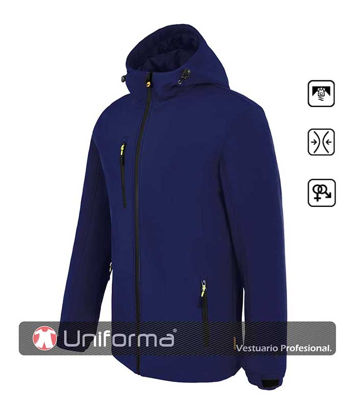 Chaqueta de trabajo tipo Softshell Tricapa acolchado con Capucha, tejido elástico, hidrofugado, repelente de los líquidos, cortavientos, personalizable con bordado en Uniforma.  - BW4127