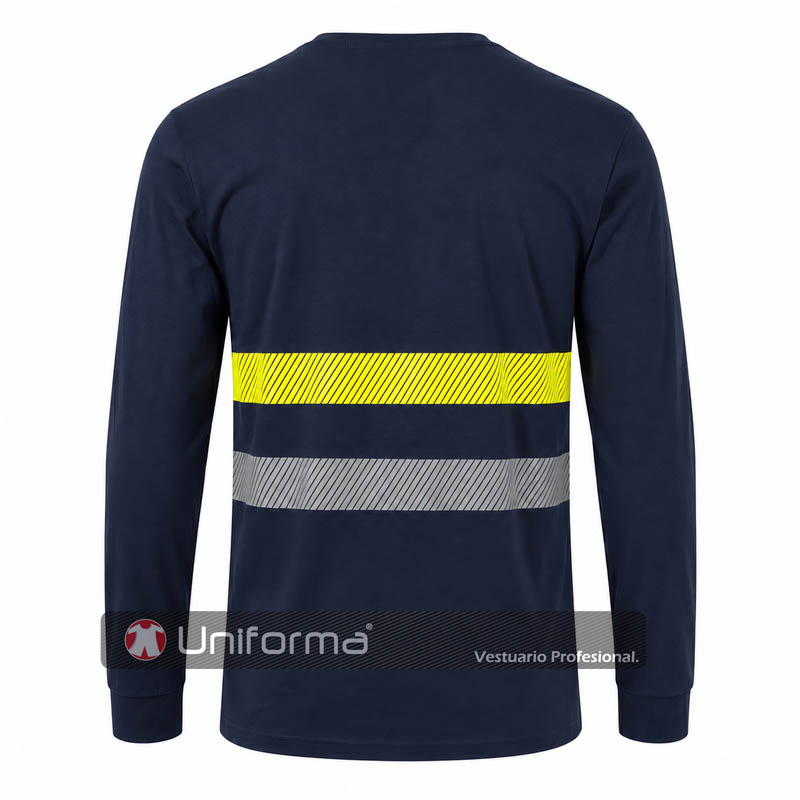 Camiseta de manga larga de algodón 100% con bandas segmentadas amarillo flúor de alta visibilidad y bandas reflectantes , con puños elásticos, personalizables con logo de empresa en Uniforma. UN1235