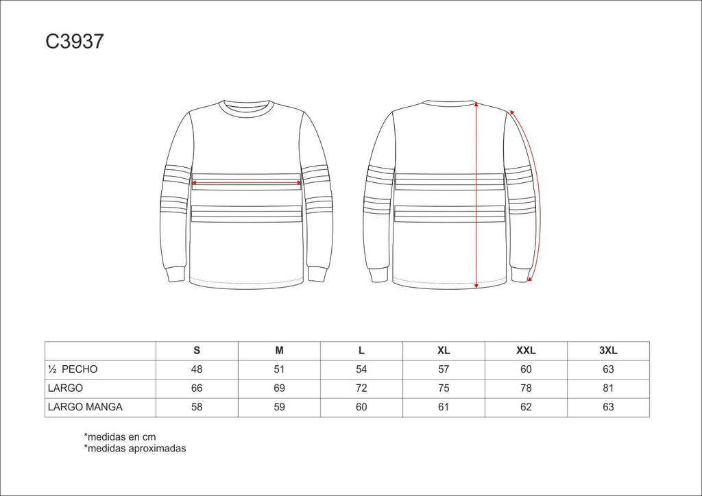 Tabla de medidas Camiseta Manga Larga Bandas Reflectantes TC3937