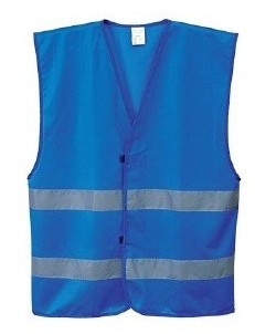 Chaleco de trabajo azul royal  de lona de poliéster con cintas bandas reflectantes en torso, personalizable con logo de empresa en uniforma