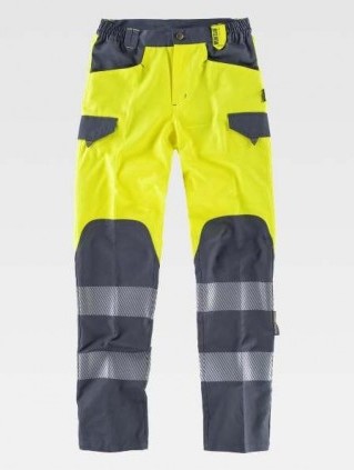 Pantalón de trabajo de Alta Visibilidad amarillo y gris con bandas reflectantes segmentadas, de diseño bicolor, personalizable con logo de empresa en uniforma  - TC2715