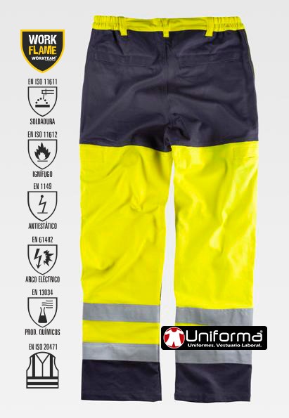 Pantalón de trabajo Multi norma Ignífugo, soldadura, Arco eléctrico,  de alta visibilidad contra productos químicos de color amarillo reflectante de alta visibilidad personalizable en uniforma